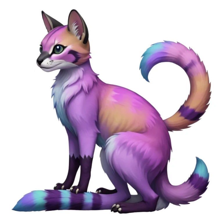 Colorful black-violet-indigo-purple-gradients nebulae nebula starry galactical shiny tropical pale light fruity pastel white glorious iridescent divine exotic cute cool beautiful realistic antasy-caracal-civet-genet-sergal-vernid-Cacomistle-Trico-oncilla-animal-Fakémon-hybrid-fursona (full body) sticker