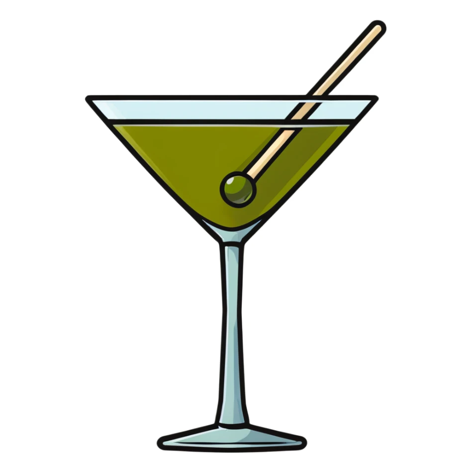 martini glass with crystal clear transparent liquid and an olive at the bottom skewered by a toothpick sticker