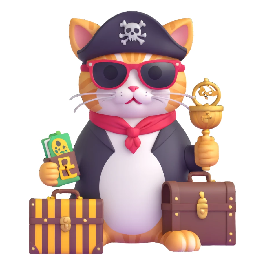 cat with sunglasses, pirate hat, and treasure chest sticker
