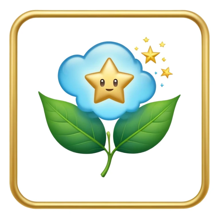 minimalist emoji style emoji of a floating thought bubble inside a rectangular frame, tiny leaf and a spark or star, minimal calming creative, soft gradients, pop of blue or gold sticker