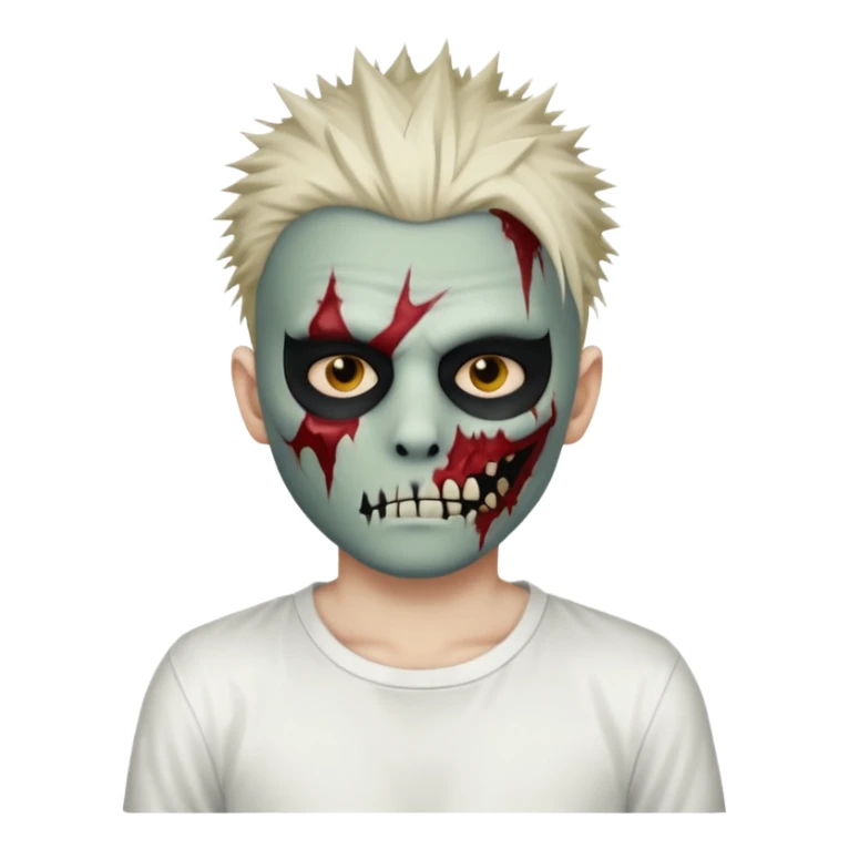 zombie boy with spiky emo hair and white shirt emoji and 

He wears an anonymous mask on half his face and has wounds on the other half. sticker