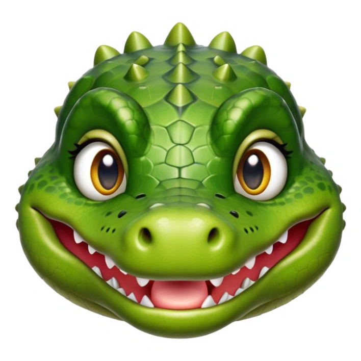 Cinematic Realistic Cute Crocodile Portrait Emoji, Head tilted playfully and inquisitively, featuring a robust, well-defined build with intricately detailed, glossy olive-green scales and a surprisingly endearing face with round, sparkling eyes full of unexpected charm, rendered with lifelike texture and natural highlights, high shine, affectionate and spirited, styled with a touch of wild whimsy, soft glowing outline, capturing the essence of a mischievous yet lovable crocodile that seems poised to snap playfully out of the screen into your arms! sticker