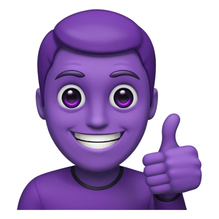 purple guy, black sclera, white pupils, grin, thumbs-up sticker