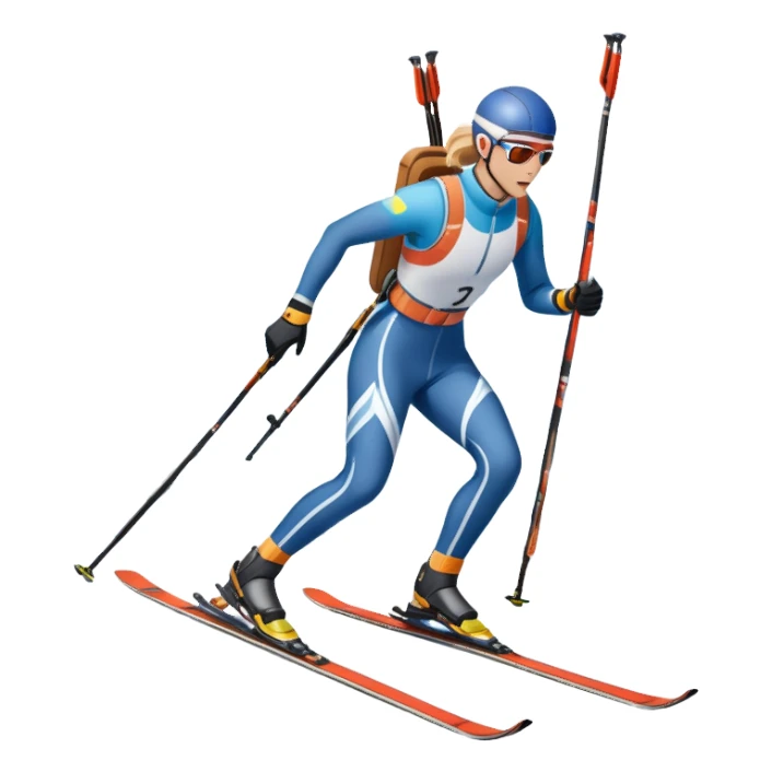 An icon featuring a biathlete gliding on skis through a snowy trail, carrying a rifle on their back. In the background, a target range and snow-covered trees set the scene. Transparent background highlights the unique mix of endurance, precision, and winter sport challenge. sticker