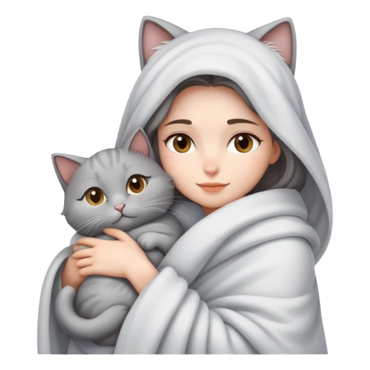 A beautiful woman wrapped in a blanket hugs a cat sticker