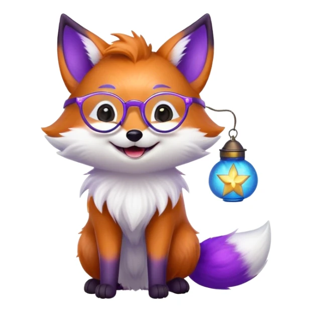 small magical fox with purple and blue fur, glowing fluffy tail, silver star on forehead, round glasses, tiny lantern, laughing with joy sticker