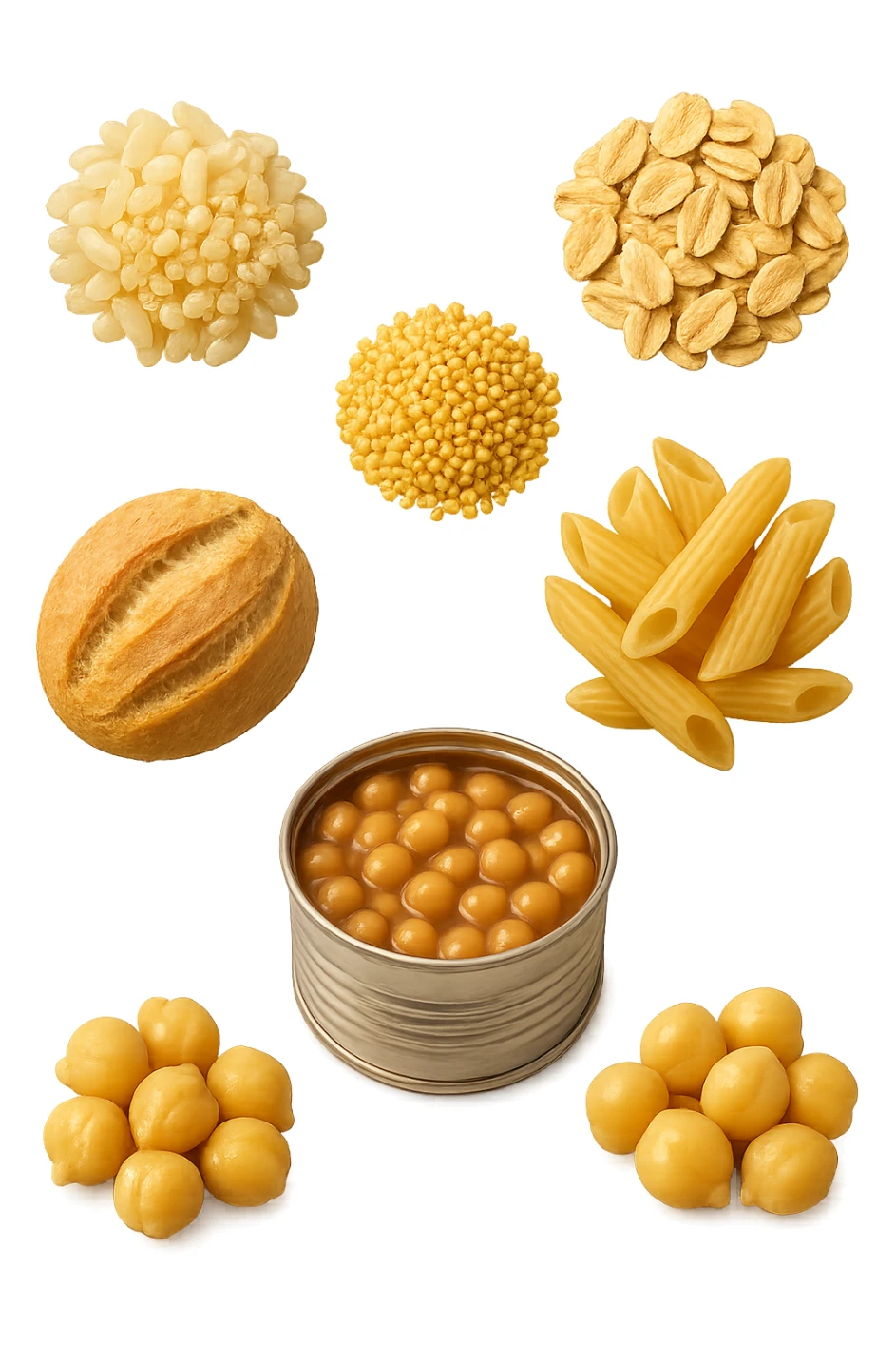 emoji stile iphone 3d di questi elementi che fluttuano in aria:

Riso, quinoa, avena, miglio, couscous senza glutine
Pasta e pane gluten-free
Farro a lievitazione lunga
Lenticchie e ceci in scatola

 che fluttuano in aria, iperealistico 4k sticker