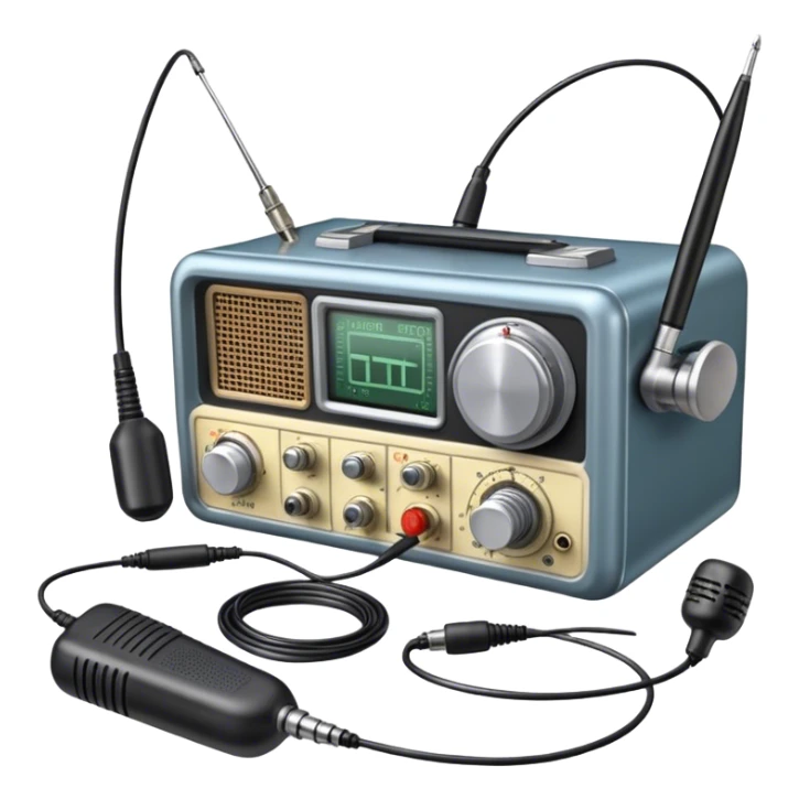 A photorealistic icon featuring a ham radio transceiver, headphones, microphone, antenna, radio equipment like soldering tools and cables, soldering iron in use. The design includes detailed textures and realistic lighting. Transparent background. sticker