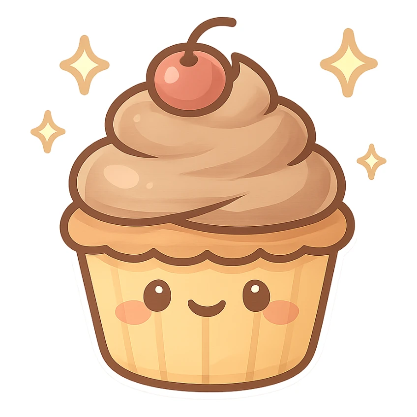 chibi sticker-style cupcake with sparkles, cute and exaggerated sticker