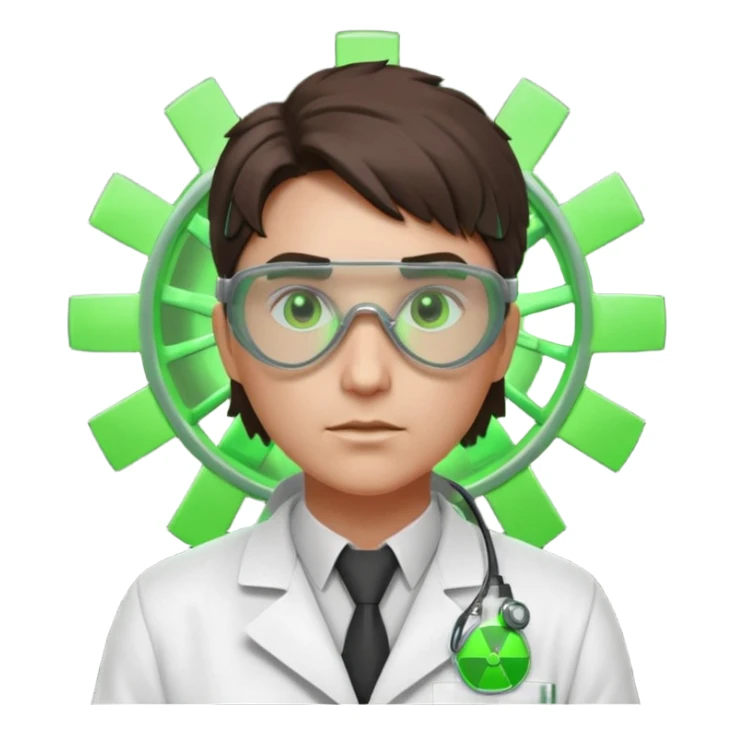 nuclear scientist portrait, head and shoulders only, wearing lab coat collar, protective goggles, glowing green radiation symbol badge, serious expression, sci-fi laboratory vibe, 3D cartoon, mobile game icon style, clean background, no text, no watermark
 sticker
