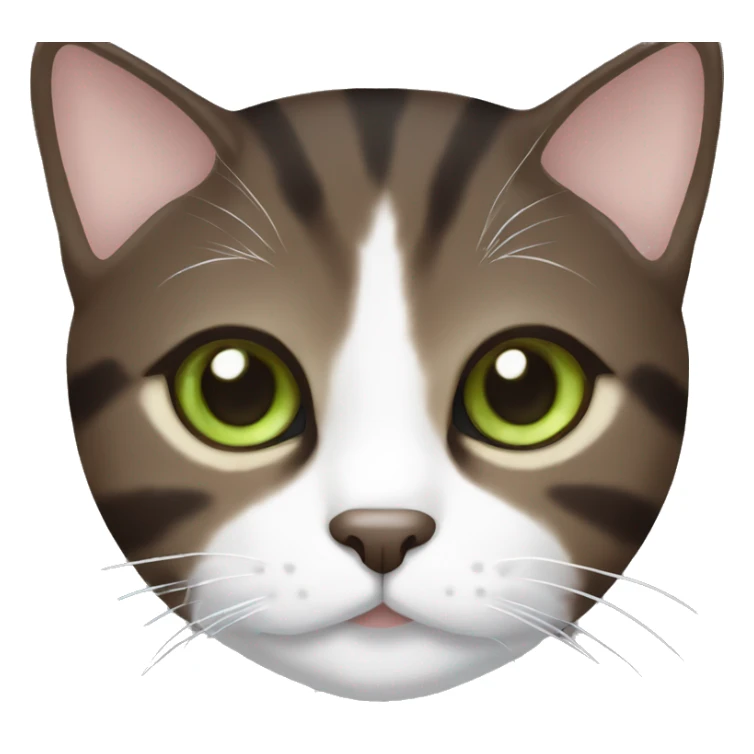 Dark brown tabby cat with brown-green eyes and white neck sticker
