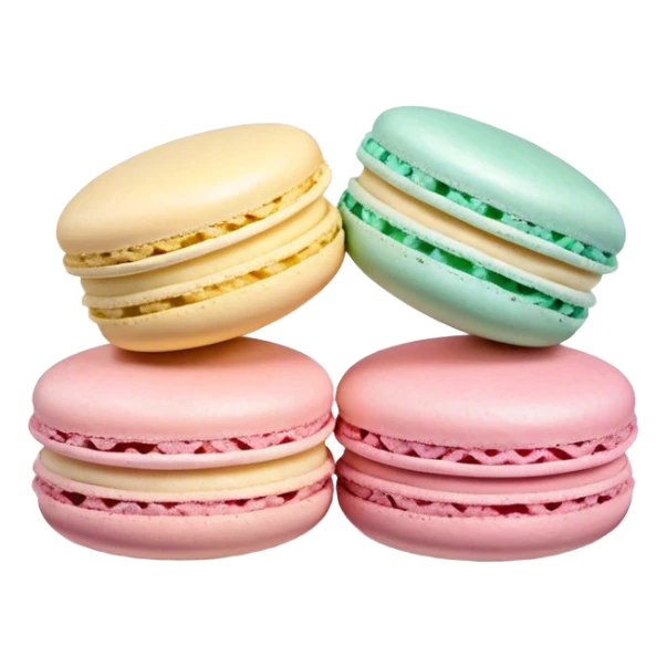 Cinematic Realistic Macaroon Dessert Emoji, showcasing colorful, delicate meringue-based cookies with a crisp exterior rendered with vibrant textures and playful, soft lighting. sticker