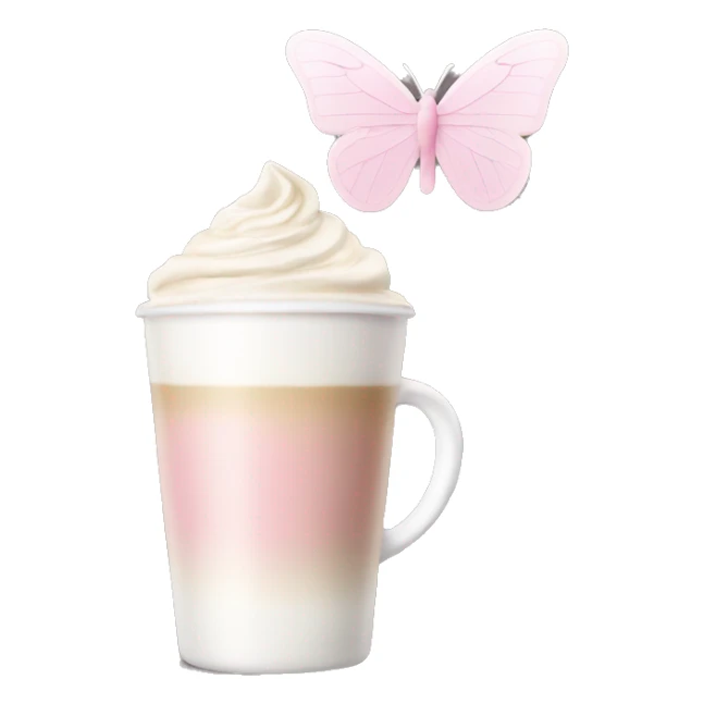 Latte coffee with the pastel pink glass and a white butterfly sticker sticker
