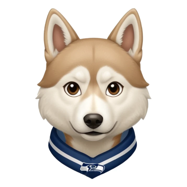 White  brown husky with Seattle Seahawks gear sticker