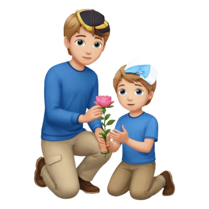 the boy on his knee and giving a folower to someone  sticker