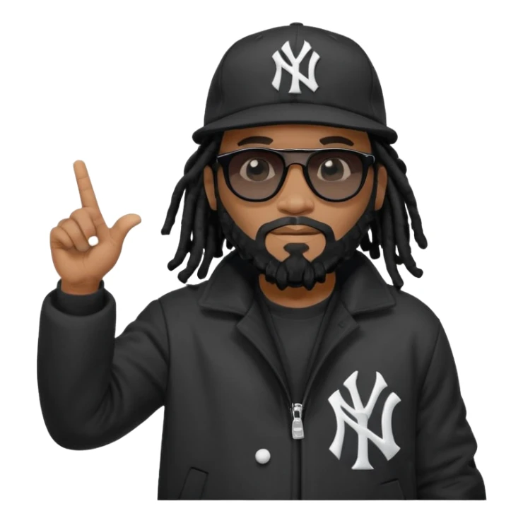 African American man with shoulder length black dreadlocks with black beard wearing black sunglasses wearing a black New York Yankees logo baseball cap wearing a black bubble winter coat pointing to sky sticker
