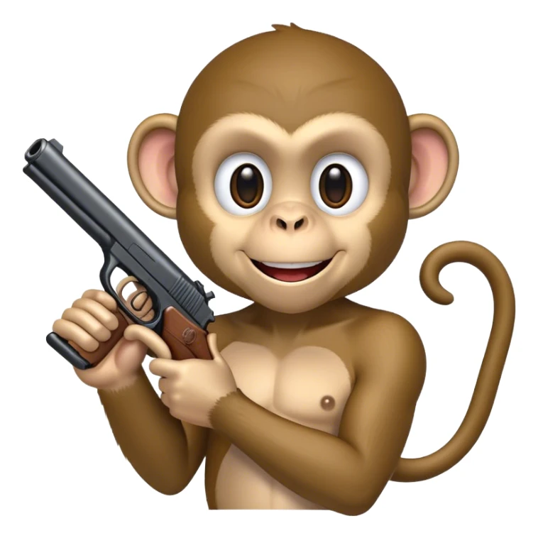 Monkey smiling while holding a fake gun straight in front of him sticker