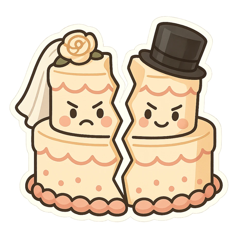 wedding cake split in half with cartoon faces on each side, both halves looking annoyed but still smiling, comical and fun for wedding stickers sticker