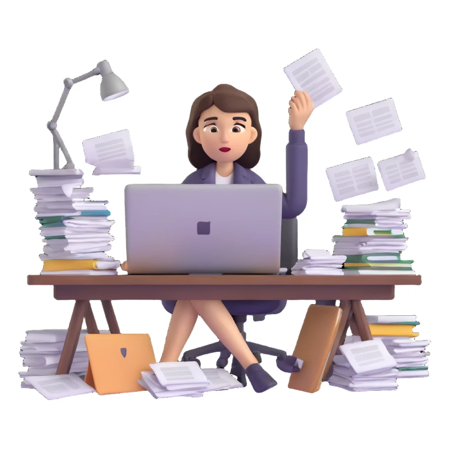 tired woman at a desk with a MacBook, surrounded by messy papers, emphasizing disorganization sticker