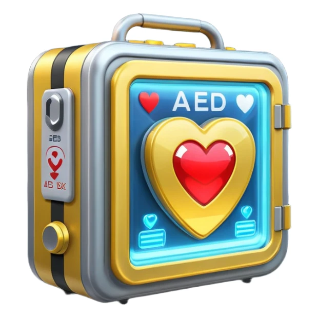 sci-fi AED box, glowing, sparkling, with layered panels and lights, emoji style sticker
