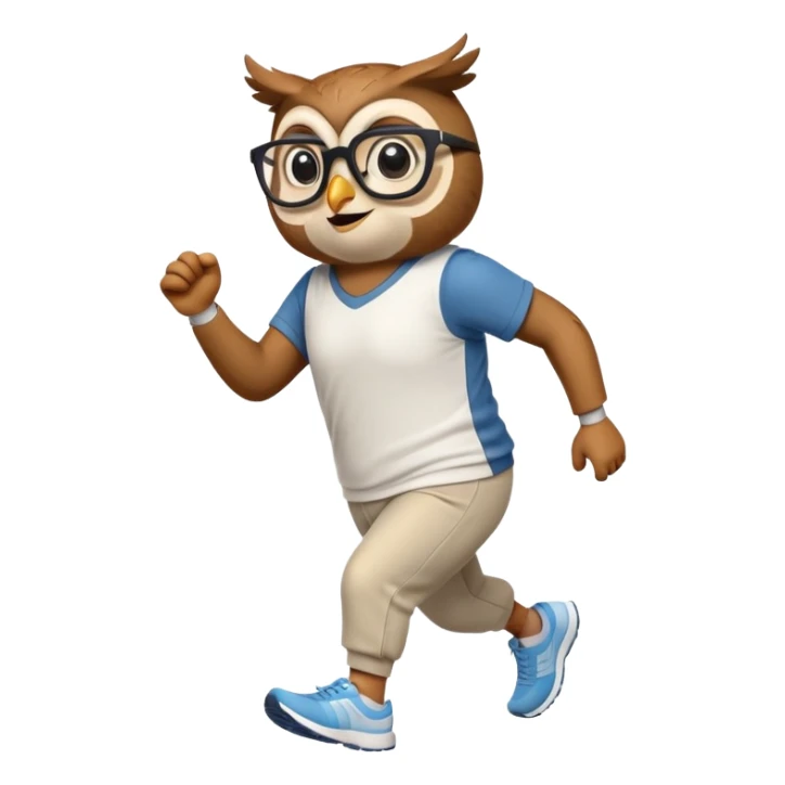 friendly anthropomorphised owl in pants and a shirt, wearing glasses, jogging upright, standard pose sticker