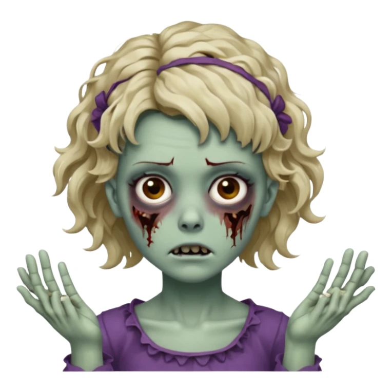 Cabelo ondulado  um pouco cheio e franja curta  Olhos marrons e pequenos e feita d ezumbi mais bonita com cabelo amarro na e com as mãos assim tipo assim🧟‍♀️ sticker