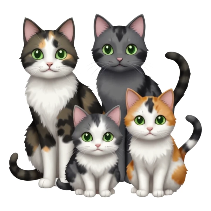 3 different coloured small cats including a dark grey and white, and a patchy calico and a completely solid dark grey with green eyes and only white paws sticker
