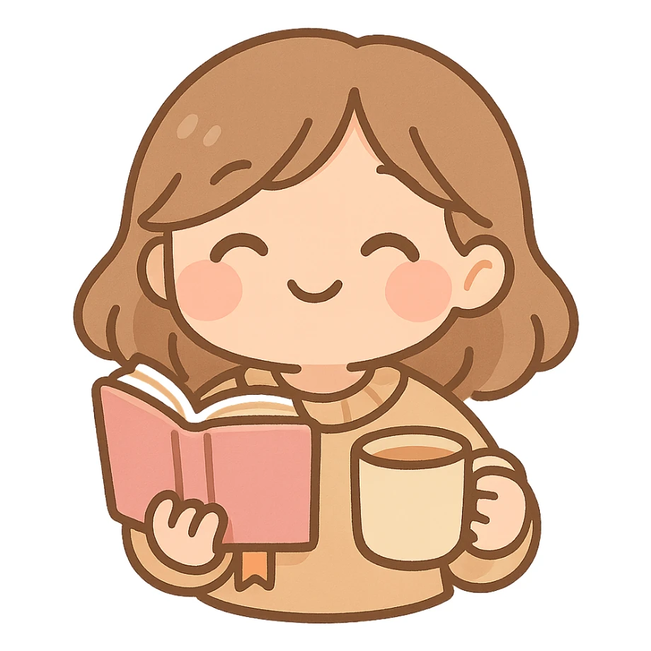 cozy book, pastel colors, smiling face, bookmark, chibi style, holding a cup of tea sticker
