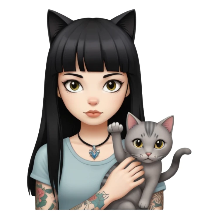 girl with long black  straight bangs hair and tattoos and a light grey-shared cat sticker