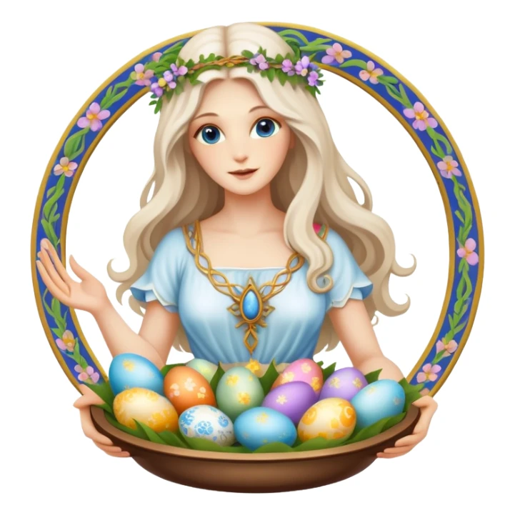 A beautiful goddess Eostre with flowing hair and spring flowers, holding Easter eggs and a Passover seder plate sticker