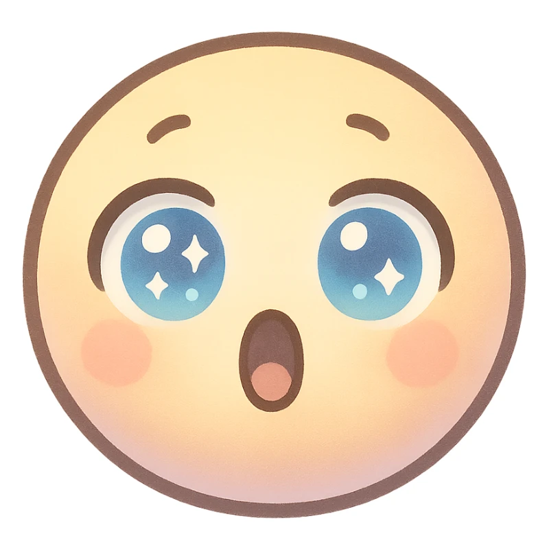 cute emoji, round face, big sparkling eyes, surprised expression, pastel colors sticker
