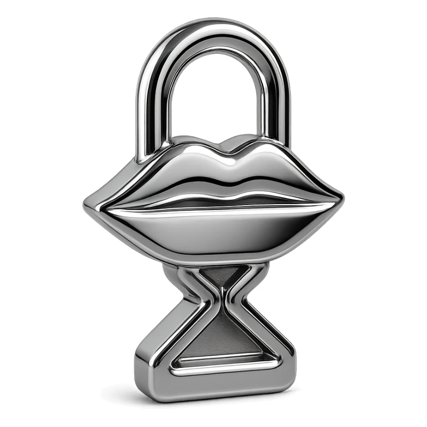 Minimal flat icon representing silence and restraint: a closed mouth combined with a lock or hourglass sticker