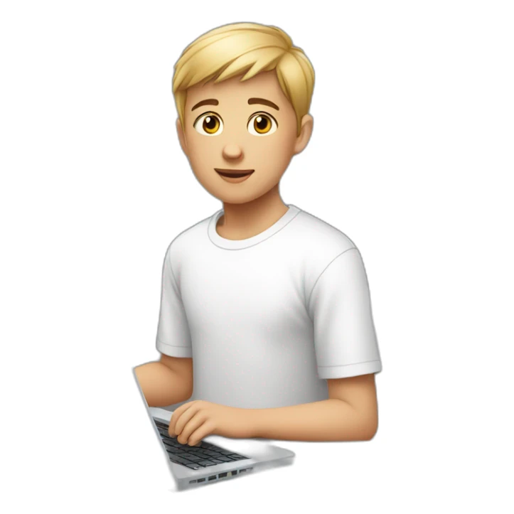 young boy, in a white T-shirt, with short hair, with a laptop sticker