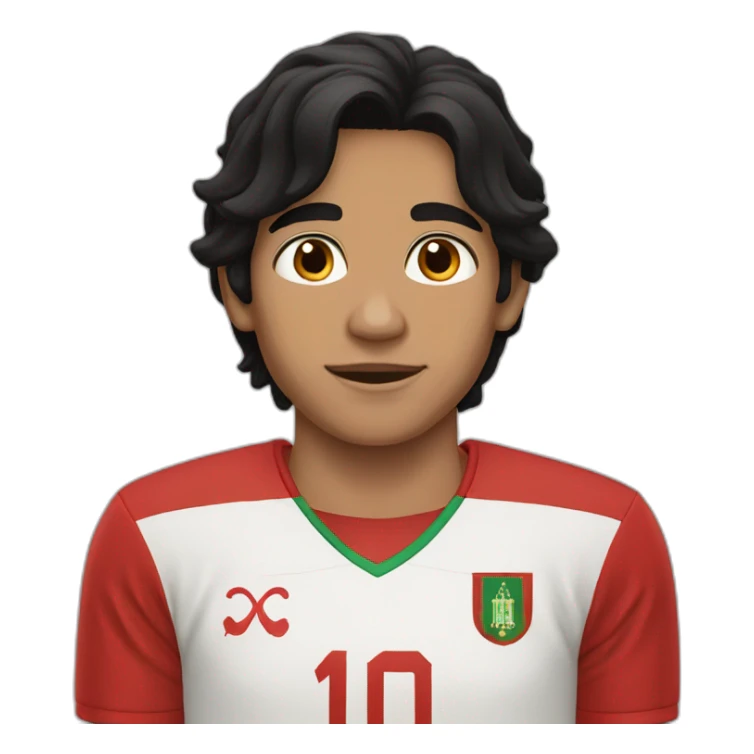 A boy with long black hair and Brown eyes and morocco jersey sticker