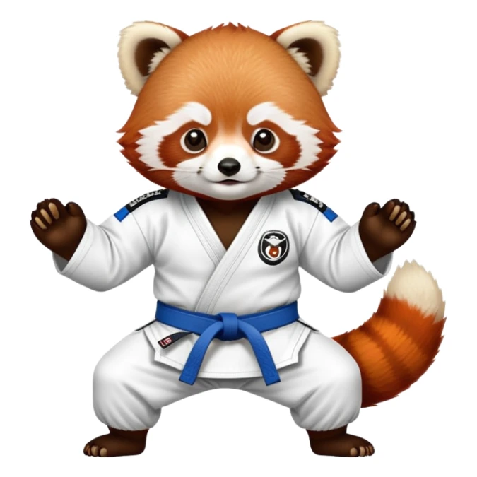 Red panda wearing a jiu jitsu gi with a white belt sticker