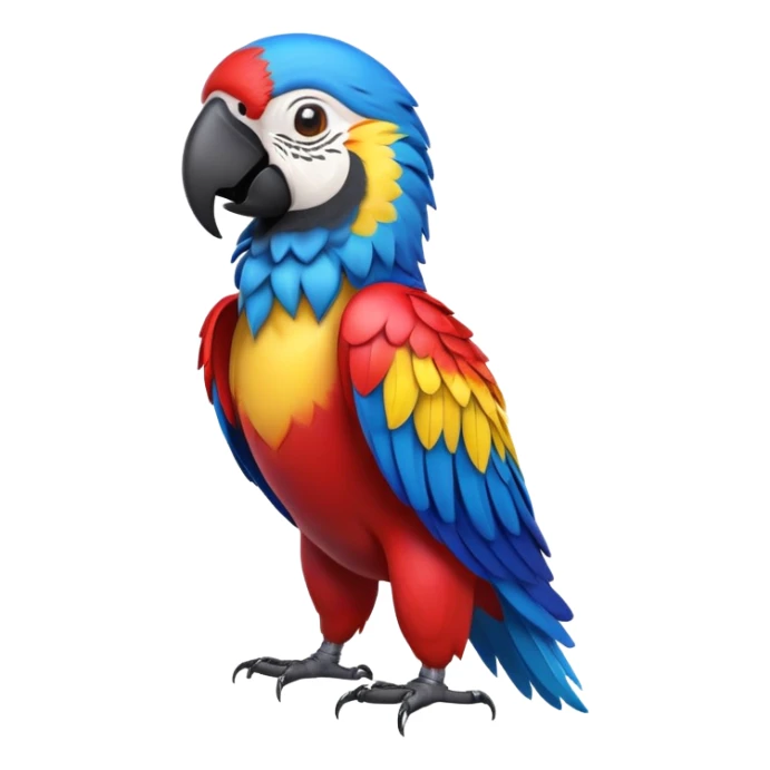 cinematic-macaw-realistic-full-body-standing-emoji,-vibrant-feathers-glowing-with-rich-reds,-blues,-and-yellows,-head-tilted-dramatically,-curved-black-beak-gleaming,-piercing-dark-eyes-exuding-confidence,-simplified-yet-realistic-focused sticker