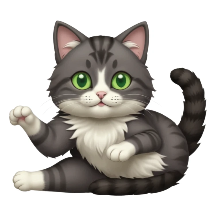 dark grey cat with green eyes, white toes/paws and white patch on her chest playfully rolling upside down sticker