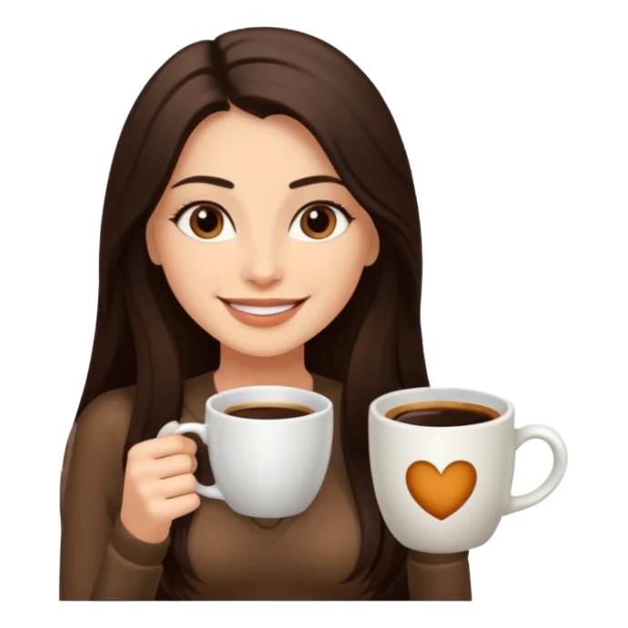 Straight Dark Brown long haired sexy woman smiling with dark brown eyes with cup of coffee sticker