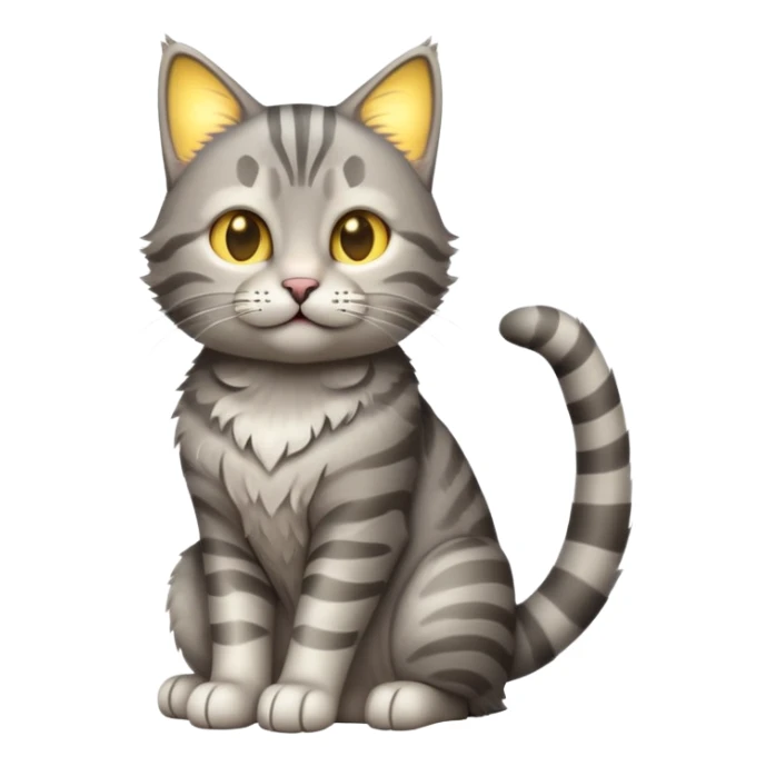cinematic-[grey tabby cat]-realistic-full-body-sitting-emoji,-tail-curled-playfully-around-its-paws,-head-tilted-dramatically,-scruffy-[grey]-fur,-simplified-yet-realistic-focused-features,-highly-detailed,-glowing-with-an-almost-sarcastic-glow sticker