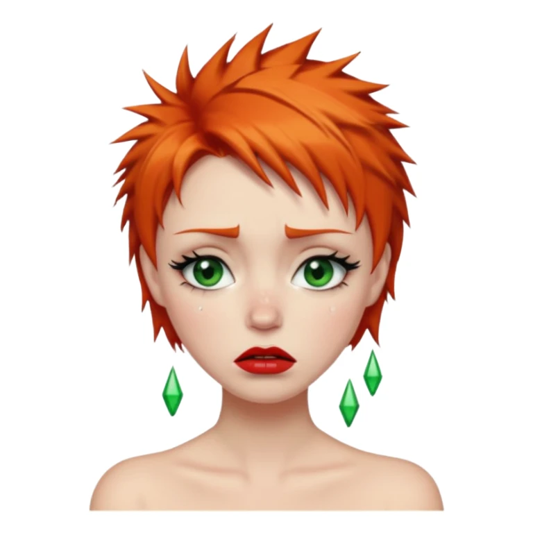 Short spikey Ginger hair, green eyes, black long eye lashes large red lips White woman very sad crying years coming out or eyes sticker