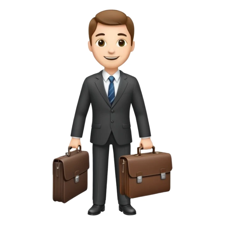 classic salesman with a suit and tie, smiling, holding a briefcase sticker