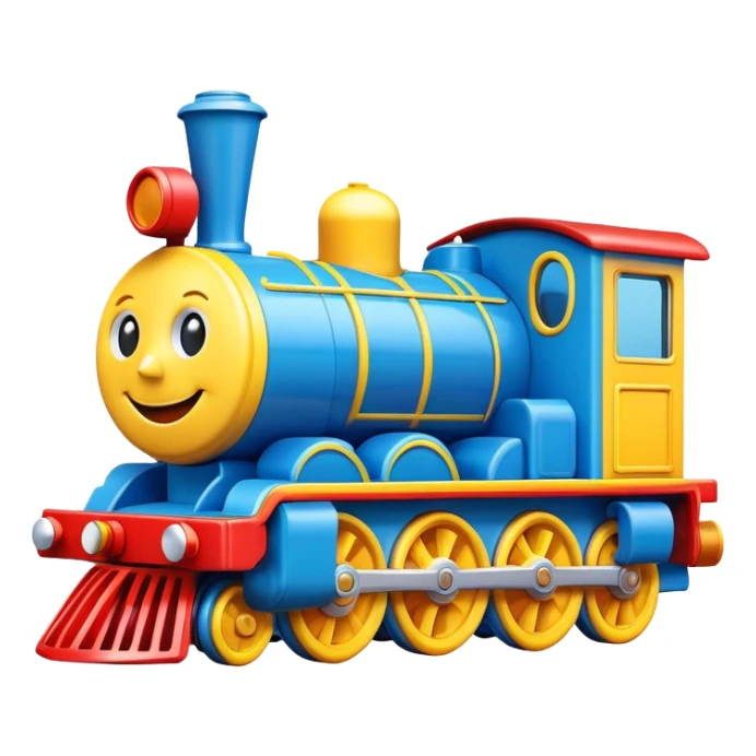 A colorful toy train engine with a big happy smiling face on the front sticker