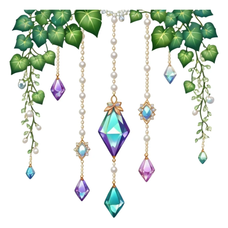 Exotic romantic Few cute tiny Iridescent glistening glossy sparkly shiny glittery hanging crystals pearls and beads and gemstones scenery scenic decorations with ivy and flowers sticker