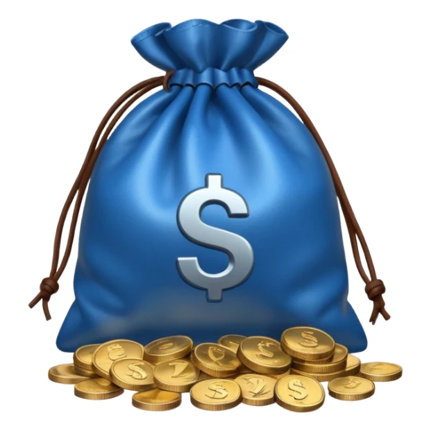 blue coins outside a brown money bag  sticker