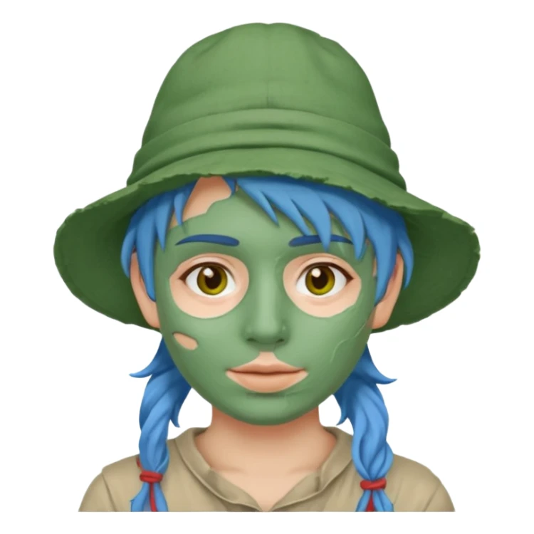 messy green full face clay mask and tourist hat blue hir sticker