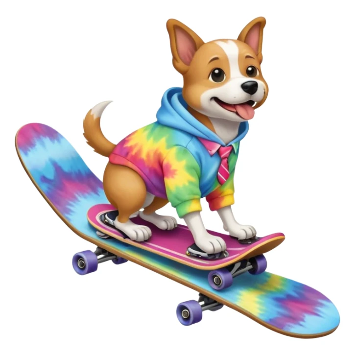 A dog on a skateboard wearing a tie dye hoodie on a rollercoaster sticker