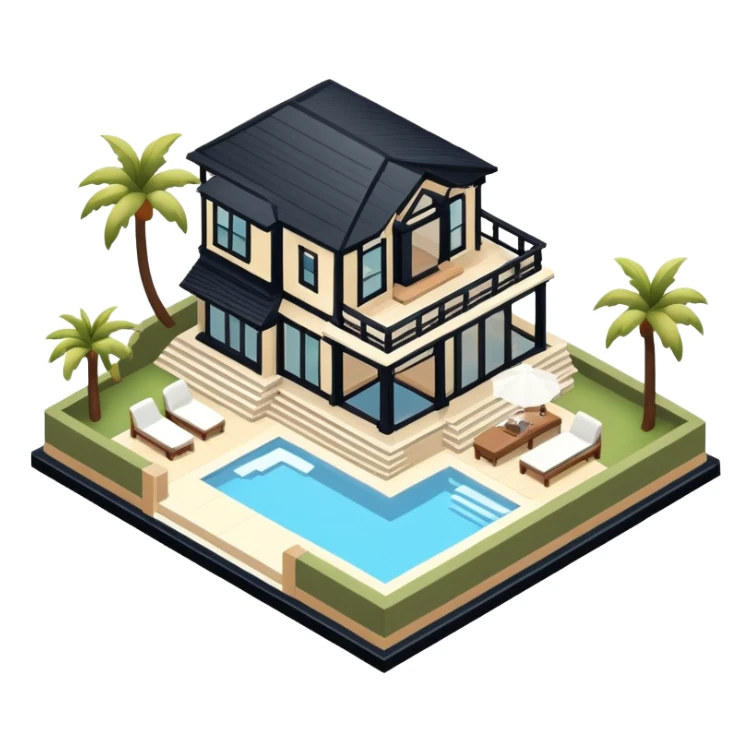 Malibu mansion, isometric dollhouse-style, realistic sticker