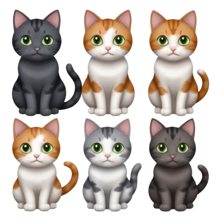 6 different coloured small cats including a dark grey and white, and a patchy calico, and a brown tabby and white,  and a completely solid dark grey with green eyes and only white paws sticker