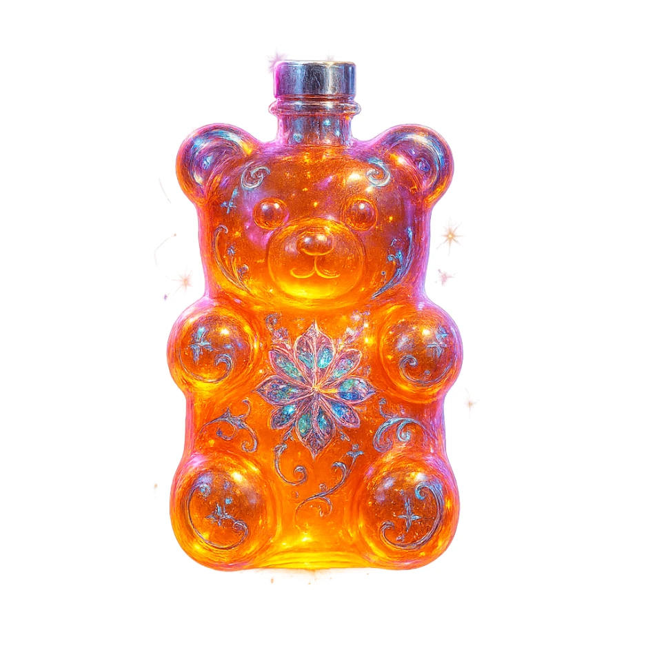 modernus prabangus eliksyro buteliukas, guminuko meškiuko forma, ryški permatoma spalva, holografiniai ir sidabriniai ornamentai, itin stiprūs magiški švytėjimai ir efektai, labai mažas kaklelis, skaidrus fonas, vientisas dugnas, be šešėlio, plūduriuoja ore, kolekcijos stilius sticker