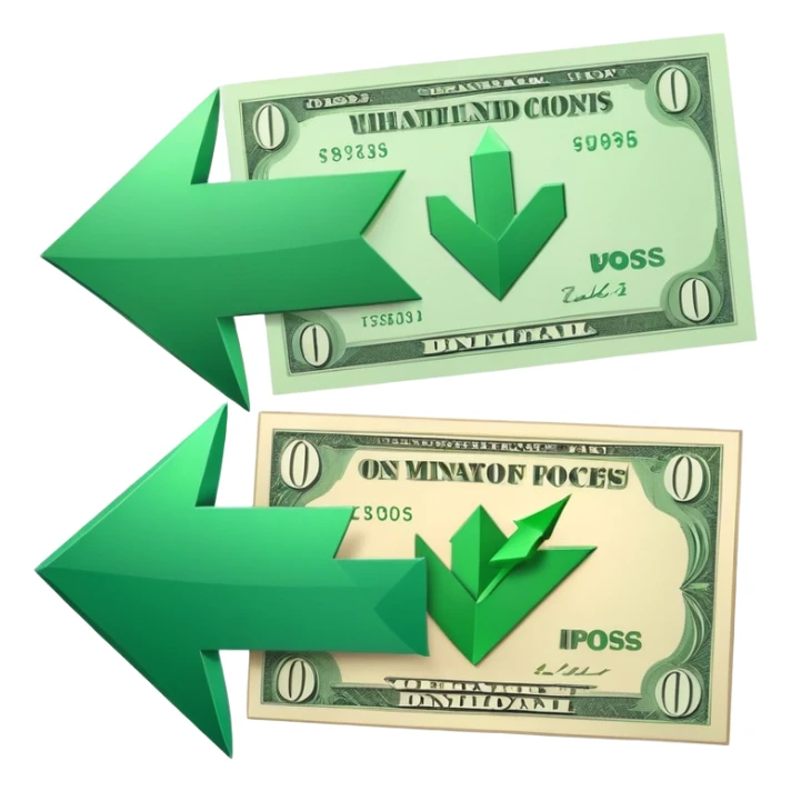 green downward-pointing arrow on the left, banknote on the right, side by side, representing lowering costs sticker